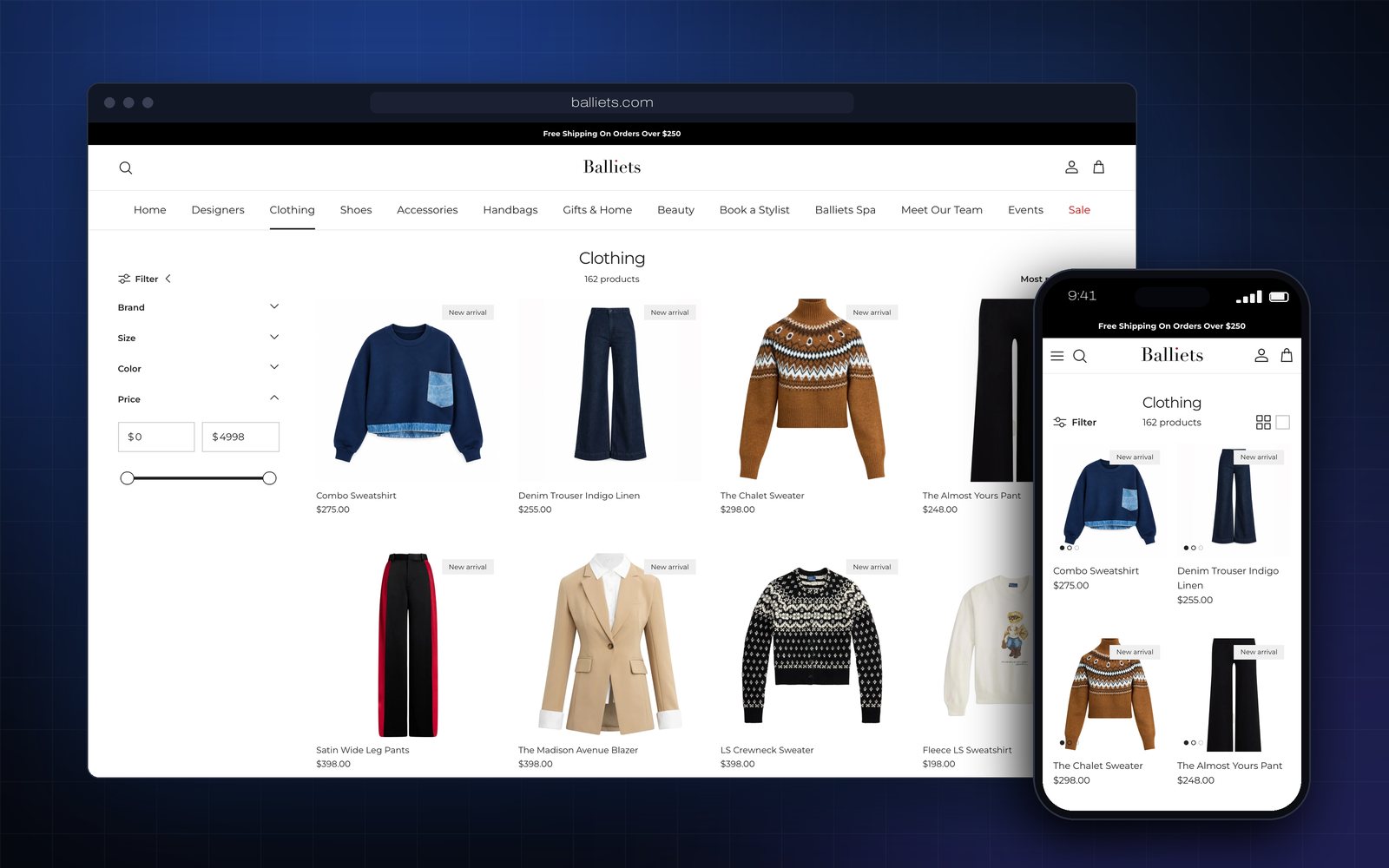 Balliets clothing collection, desktop and mobile