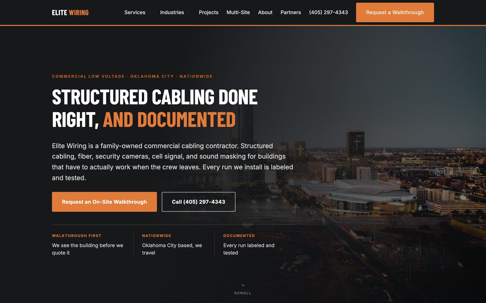 Elite Wiring Co. website, an Oklahoma City commercial low voltage and structured cabling contractor site by Resite360
