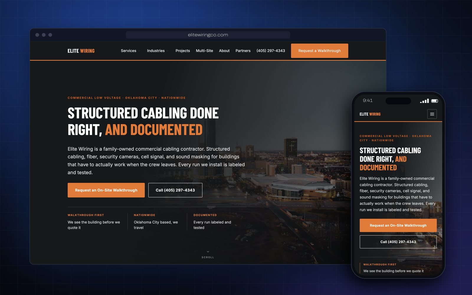 Elite Wiring Co. homepage, desktop and mobile