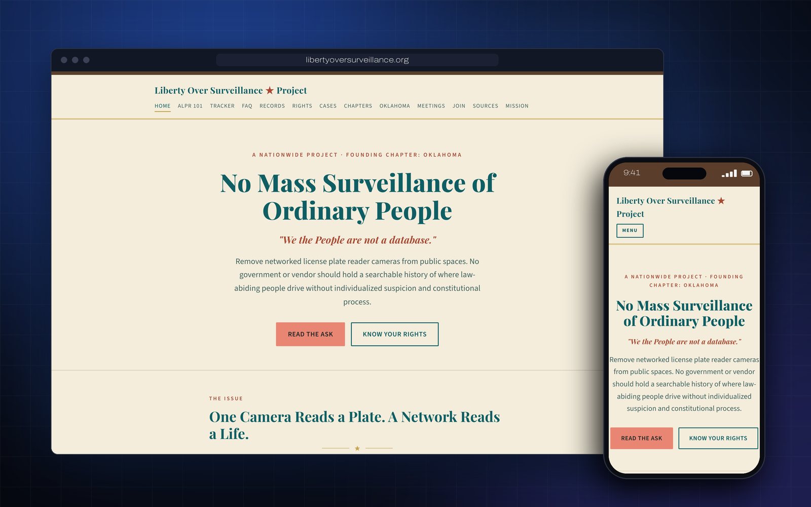 Liberty Over Surveillance homepage, desktop and mobile