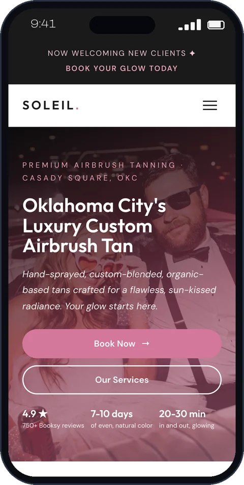 Soleil Airbrush Tanning website on mobile, built by Resite360